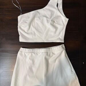 NWT Lulus White One Shoulder Crop Top and Wide Leg Pants Two Piece Set Small